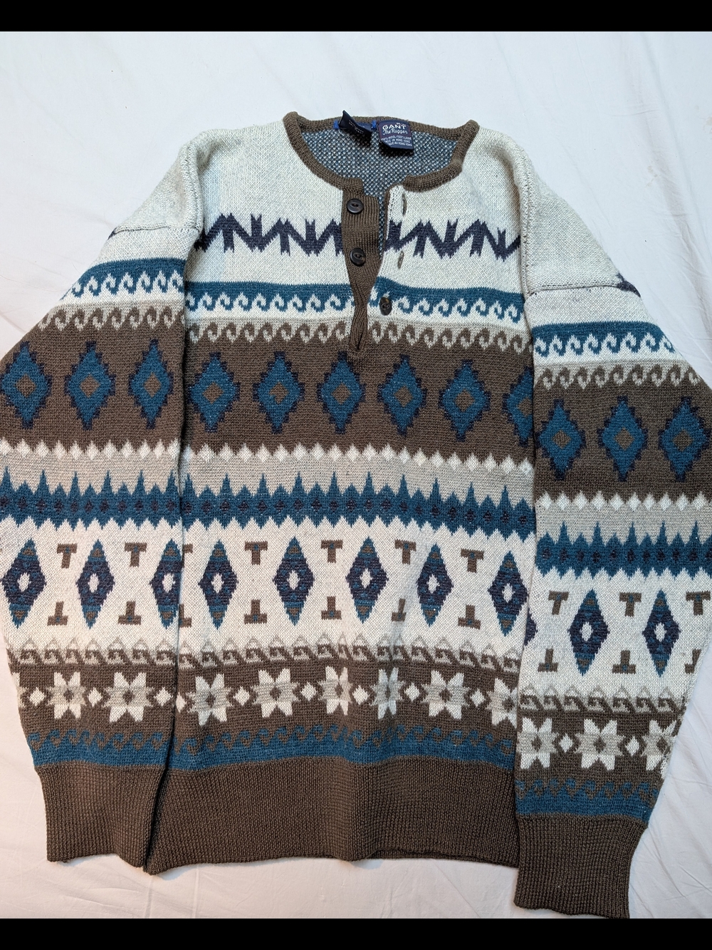 Gant Men's Brown, Blue & Cream Fair Isle Henley Sweater. 100% Wool